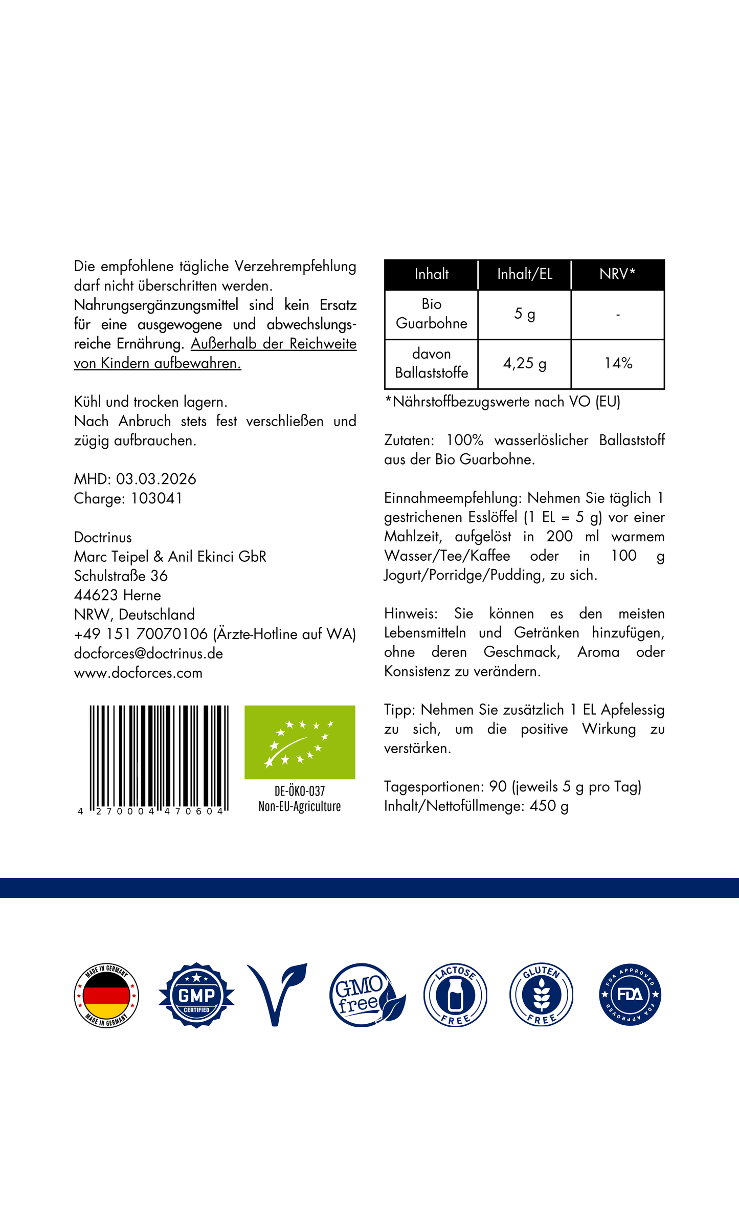 Bio Ballaststoffe (450 g Pulver)